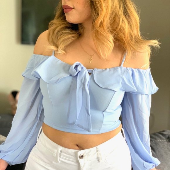 Baby Blue Open Shoulder Cropped Top - Picture 3 of 5